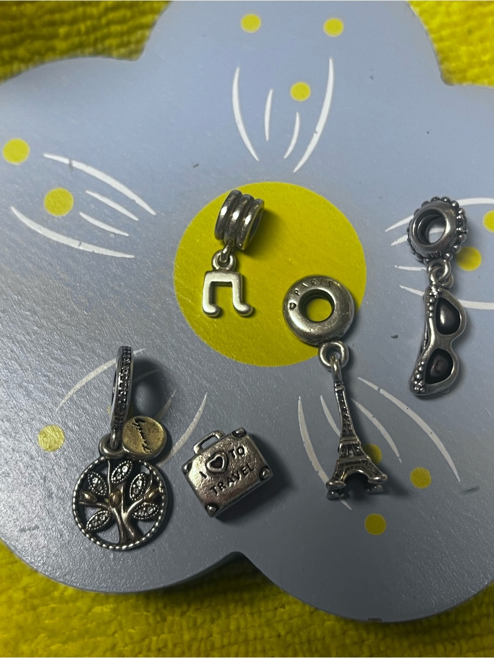 Pandora Charm bundle gold and silver 5 Effie tower sunglasses music note luggage